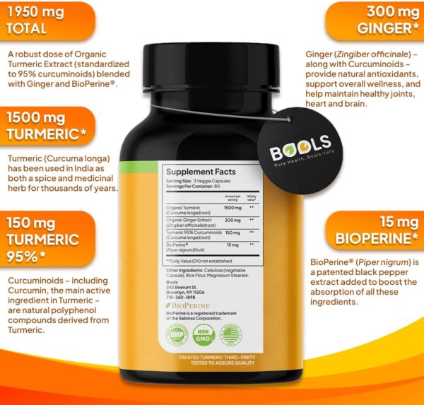 Turmeric Curcumin Supplement with BioPerine & Ginger, Turmeric Curcumin with Black Pepper 1950mg for Max Absorption Joint Support- Non-GMO Turmeric Supplement, Vegan, 240 Capsules - Image 8