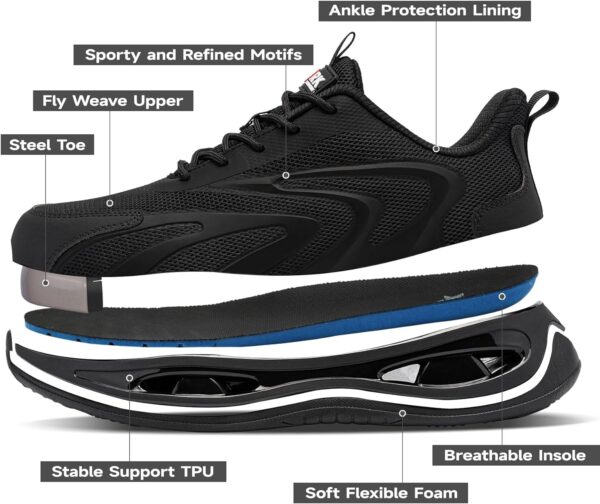 LARNMERN Steel Toe Shoes Men Breathable Work Sneakers Safety Lightweight Comfortable Tennis Shoe Indestructible Sneaker(10 Men, Black) - Image 3