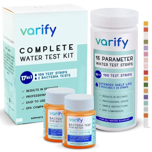 Varify 17 in 1 Complete Drinking Water Test Kit - 100 Strips + 2 Bacteria Tester Kits - Well, Tap, Home, City Water Testing Strip for Lead, Alkaline, Chlorine, Hardness, Iron, Fluoride, Copper & More - Image 2