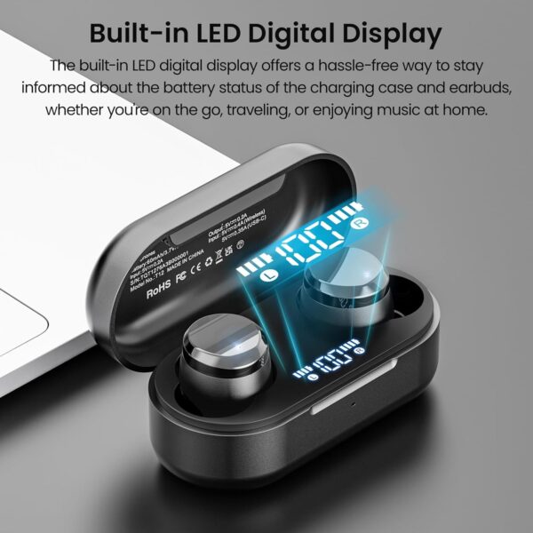 TOZO T12 Wireless Earbuds Bluetooth 5.3 Headphones Built-in ENC Noise Cancelling Mic, 55 Hrs Playtime App Customize EQ IPX8 Waterproof LED Digital Display Premium Sound Headset Black - Image 3