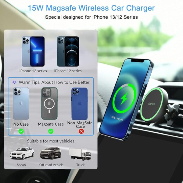 Magnetic Wireless Car Charger Mount Compatible with Magsafe iPhone 15/ iPhone 14/iPhone 13, Fast Charging Air Vent Magnet Accessories Car Phone Holder - Image 9