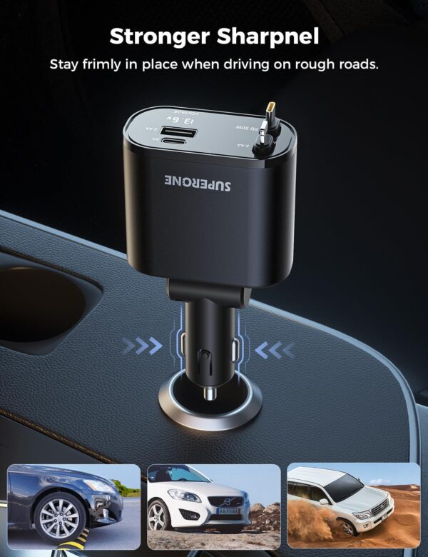 【Upgraded】 SUPERONE Retractable Car Charger 4 in 1, Fast Car Phone Charger with Cord 2.6ft, USB C and Lightning Car Charger Adapter, Compatible with iPhone 15/15 Pro Max/14/13/12/11, Galaxy, Pixel - Image 9