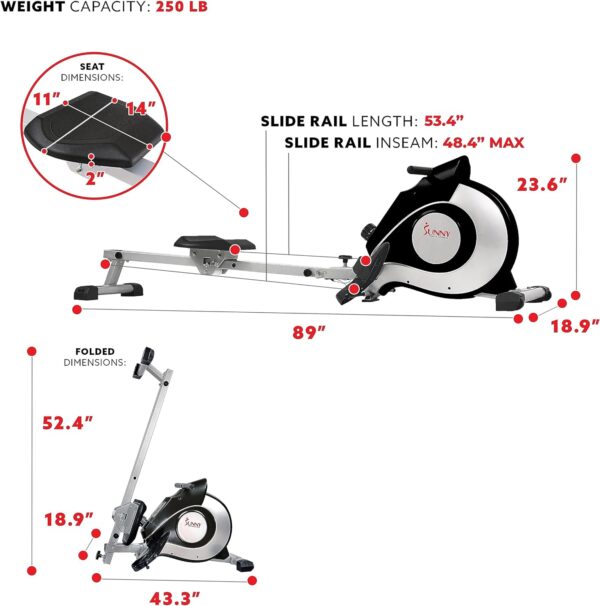 Sunny Health & Fitness Magnetic Rowing Machine - Silver - SF-RW520084S - Image 5