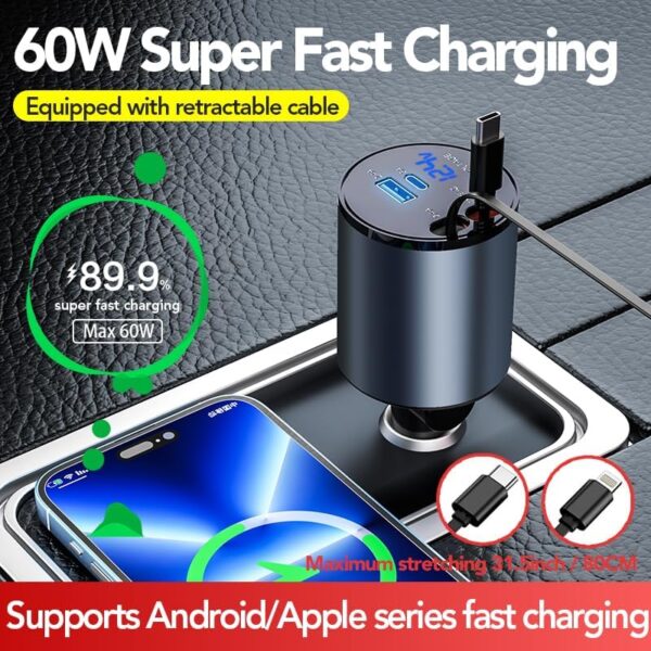 Retractable Car Charger,Fast 4 in 1 Car Charger for iPhone and Type C 60W,Retractable Cables and 2 Charging Ports Car Charger for iPhone 15/14/13,iPad,Galaxy and Multiple Devices - Image 3