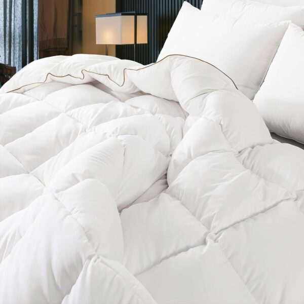 WhatsBedding Puffy White Goose Feather Down Comforter Queen Size, Feather Down All Season Duvet Insert, 100% Cotton Luxury Hotel Collection, 4 Corner Loops, Gold Piping, 90x90 in - Image 3