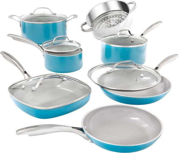 Gotham Steel Aqua Blue Pots and Pans Set, 12 Piece Nonstick Ceramic Cookware, Includes Frying Pans, Stockpots & Saucepans, Stay Cool Handles, Oven & Dishwasher Safe, 100% PFOA Free, Turquoise - Image 2