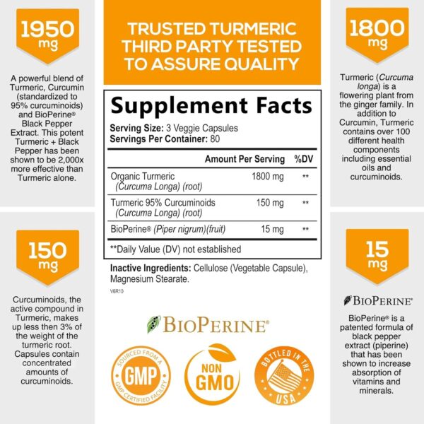 Turmeric Curcumin with BioPerine 95% Standardized Curcuminoids 1950mg - Black Pepper Extract for Max Absorption, Nature's Joint Support Supplement, Herbal Turmeric Pills, Vegan Non-GMO - 240 Capsules - Image 3