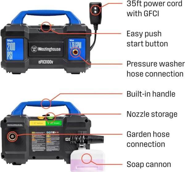 Westinghouse ePX3100v Electric Pressure Washer, 2100 Max PSI 1.76 Max GPM, Built-in Carry Handle, Detachable Foam Cannon, Pro-Style Steel Wand, 4-Nozzle Set, for Cars/Fences/Driveways/Home/Patios - Image 9