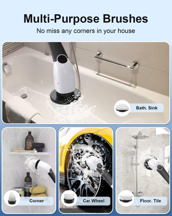 Leebein Electric Spin Scrubber, Cordless Cleaning Brush with 8 Replaceable Brush Heads & Adjustable Extension Handle & 3 Rotating Speeds, Power Cleaning Brush for Bathroom/Tub (ANS-8051) - Image 7