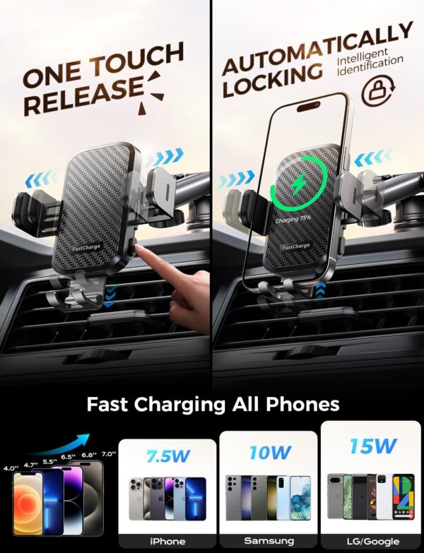 CHGeek Wireless Car Charger with Phone Holder Mount, 15W Fast Charging Auto Clamping Phone Holders for You Car Windshield Dashboard Air Vent Accessories for iPhone, Samsung Galaxy, Google, etc - Image 5