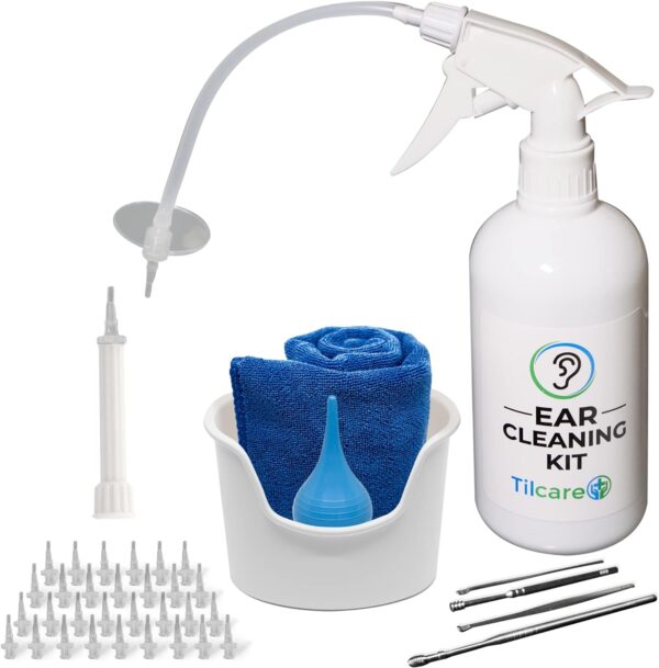 Ear Wax Removal Tool by Tilcare - Ear Irrigation Flushing System for Adults & Kids - Perfect Ear Cleaning Kit - Includes Basin, Syringe, Curette Kit, Towel and 30 Disposable Tips - Image 2