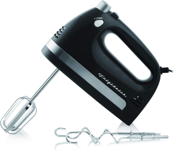 FRIGIDAIRE EHMX100-BLACK Hand Mixer Whisk with Chrome Beater, Dough Hook, 5 Speed and Turbo Button 250 w, 250w, Black - Image 2