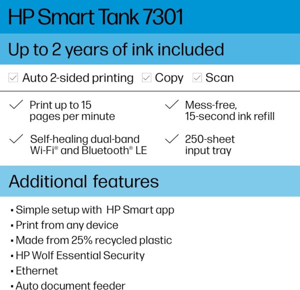 HP Smart -Tank 7301 Wireless All-in-One Cartridge-free Ink Printer, up to 2 years of ink included, mobile print, scan, copy, automatic document feeder (28B70A), Gray - Image 3