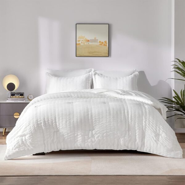 CozyLux Queen Bed in a Bag White Seersucker Comforter Set with Sheets 7-Pieces All Season Bedding Sets with Comforter, Pillow Sham, Flat Sheet, Fitted Sheet and Pillowcase - Image 8