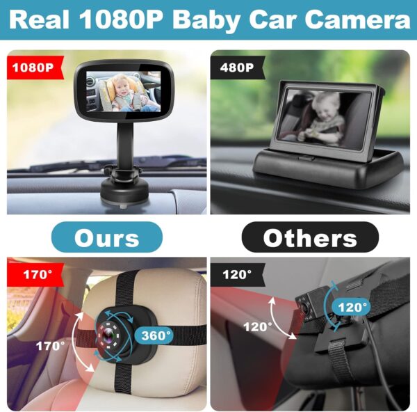 1080P Baby Car Mirror, Shybaby 4.3'' Baby Car Camera Monitor 170° Wide View, HD Night Vision Function and Reusable Sucker Bracket, Safety Rear Facing Car Set Camera Infants Kids Toddlers Black - Image 3