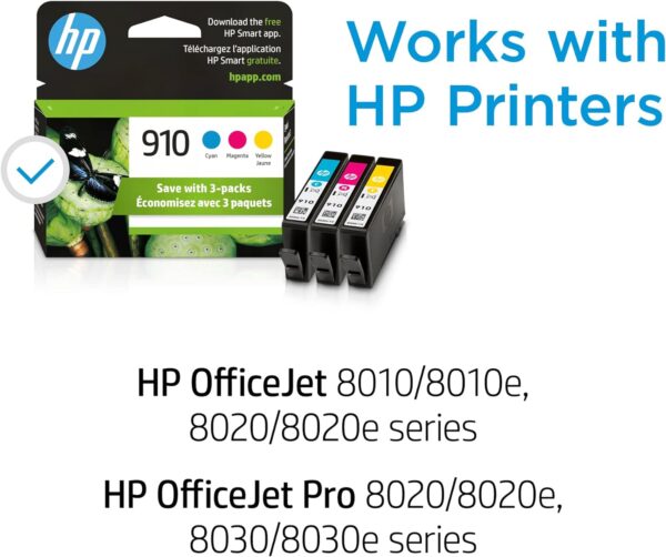 HP 910 Cyan, Magenta, Yellow Ink Cartridges (3-pack) | Works with HP OfficeJet 8010, 8020 Series, HP OfficeJet Pro 8020, 8030 Series | Eligible for Instant Ink | 3YN97AN - Image 3