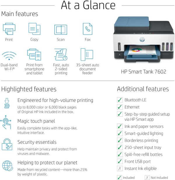 HP Smart -Tank 7602 Wireless Cartridge-free all in one printer, up to 2 years of ink included, mobile print, scan, copy, fax, auto doc feeder, featuring an app-like magic touch panel (28B98A) - Image 6