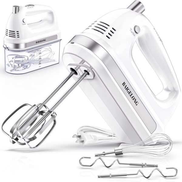 BAIGELONG Hand Electric Mixer, 300W Ultra Power Food Kitchen Mixer with 5 Self-Control Speeds + Turbo Boost, 5 Stainless Steel Attachments Handheld Mixer for Baking, White - Image 2