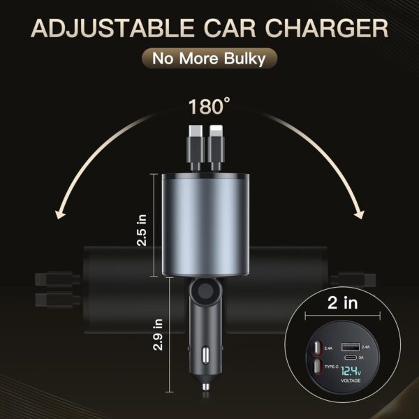 Retractable Car Charger, Upgraded 120W 4 in 1 Super Fast Charge Car Phone Charger, Retractable Cables and 2 USB Ports, Car Charger Adapter for iPhone 15/14/13/12 Pro Max XR, iPad, Samsung - Image 7