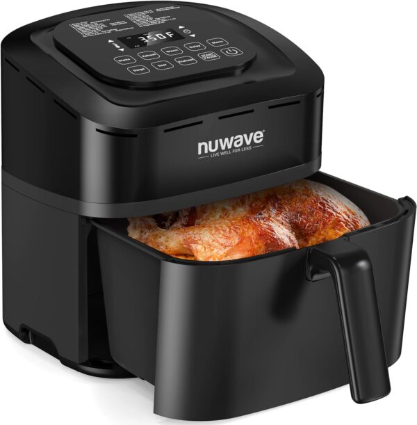 Nuwave Brio 10-in-1 Air Fryer 7.25Qt with Patented Linear T Thermal Technology for Crisping, Roasting, Dehydrating, and Reheating Non-Stick, Dishwasher Safe Basket, and App with 100+ Recipes - Black - Image 2