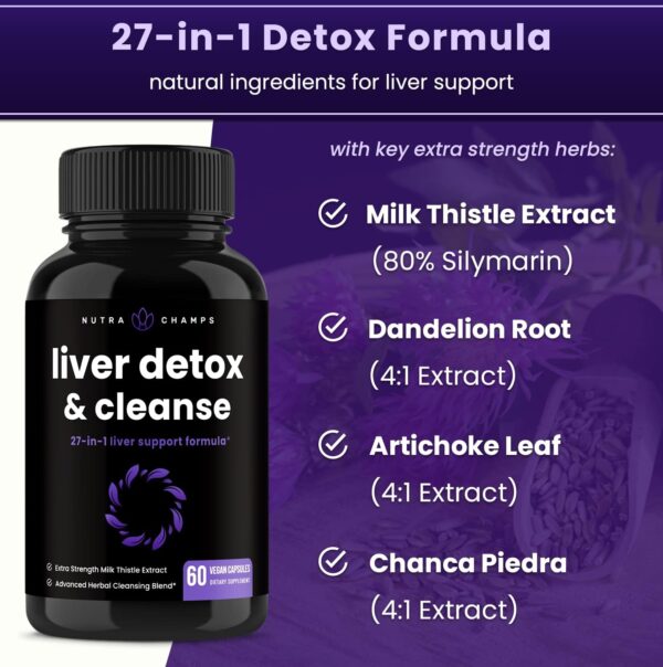 Liver Cleanse Detox & Repair Formula | 20+ Herbs: Milk Thistle Extract with Silymarin, Artichoke, Dandelion, Chicory Root Powder & More! | Premium Liver Support Pills Supplement, 60 Capsules - Image 3