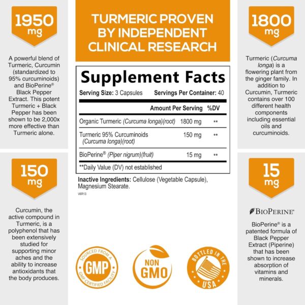 Turmeric Curcumin with BioPerine 1950mg, 95% Standardized Curcuminoids - Black Pepper for Max Absorption, Herbal Joint Support, Nature's Tumeric Extract Supplement Non-GMO - 120 Capsules - Image 3