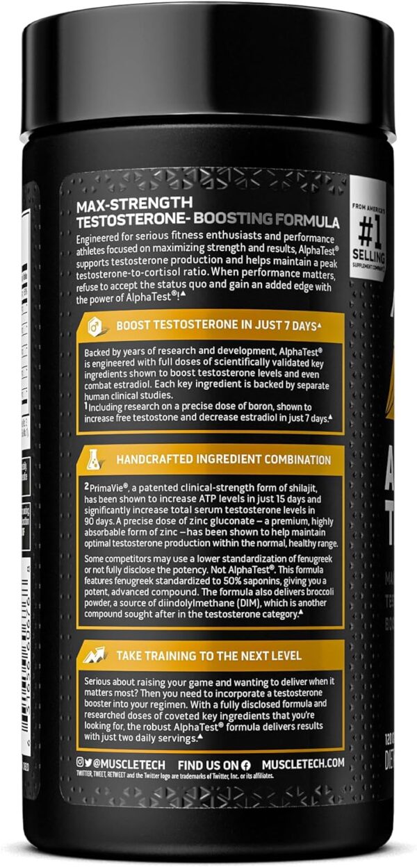 Testosterone Booster for Men, MuscleTech AlphaTest, Tribulus Terrestris & Boron Supplement , Max-Strength ATP & Test Booster, Daily Workout Supplements for Men, 120 Pills (Package May Vary) - Image 8