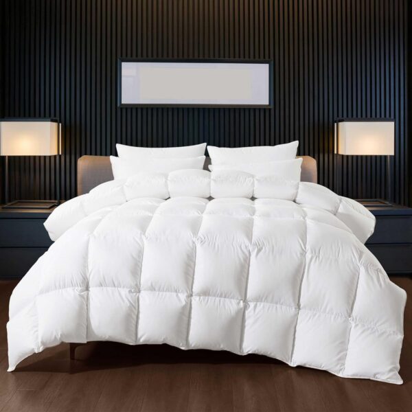 WhatsBedding Puffy White Goose Feather Down Comforter Queen Size, Feather Down All Season Duvet Insert, 100% Cotton Luxury Hotel Collection, 4 Corner Loops, Gold Piping, 90x90 in - Image 8