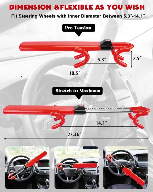 Tevlaphee Steering Wheel Lock Anti-Theft Car Device Heavy Duty Security Car Lock Antitheft Locking Devices Great Deterrent Adjustable Car Wheel Lock Anti Theft for Vehicle Truck SUV with 3 Keys (Red) - Image 3