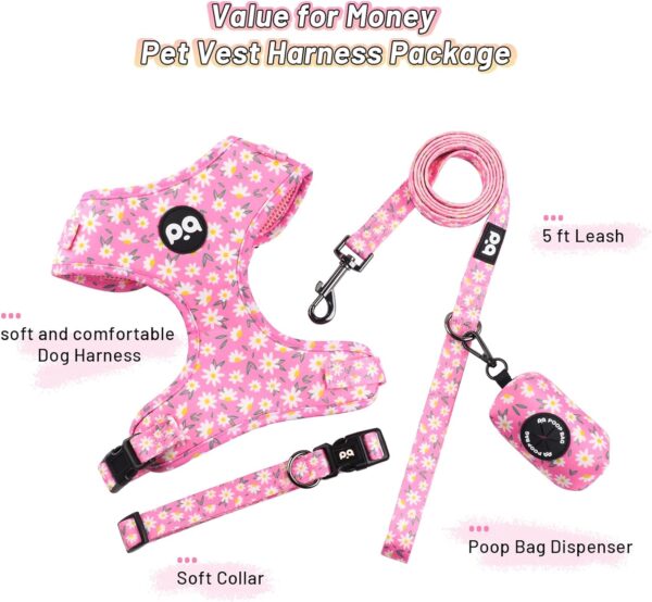 QQPETS Dog Harness Collar Leash with Poop Bag Holder 4 PCS Set, Adjustable No Pull Soft Mesh Padded Vest for Small Medium Large Pet Puppy Outdoor Walking (Daisy Pink, L (Chest 22.4”-32.6”)) - Image 3