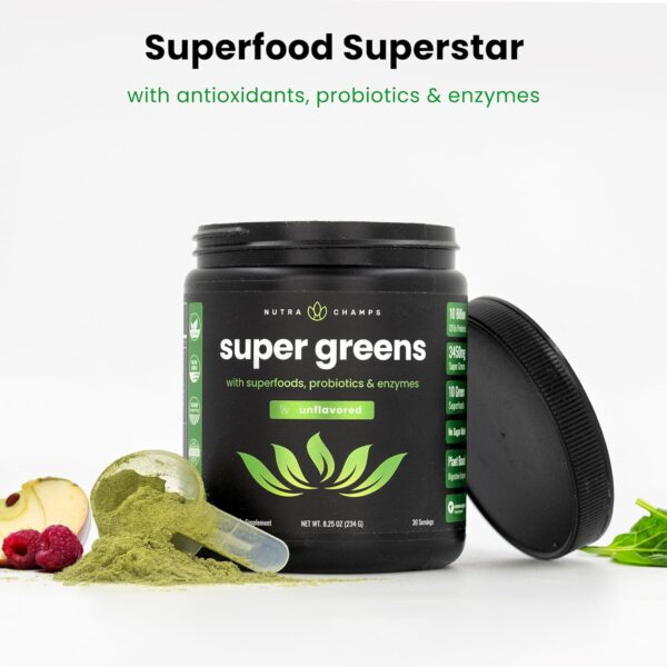 NutraChamps Super Greens Powder Premium Superfood | 20+ Organic Green Veggie Whole Foods | Alfalfa, Spirulina, Chlorella & More | Antioxidant, Digestive Enzyme & Probiotic Blends | Unflavored - Image 4