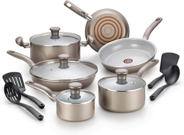 T-fal Initiatives Ceramic Nonstick Cookware Set 14 Piece Oven Safe 350F Pots and Pans Gold - Image 2