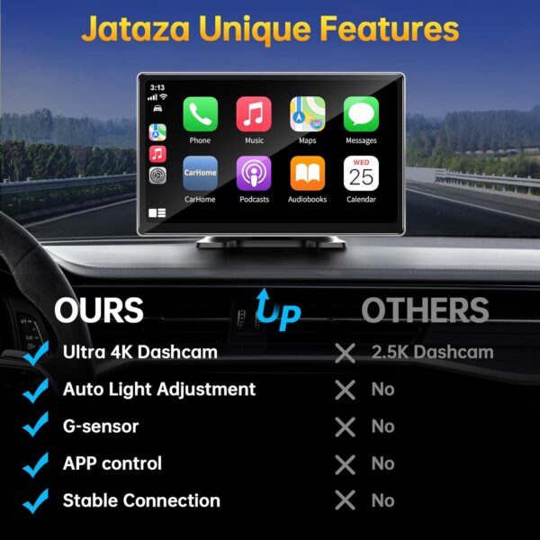 9" Wireless Apple CarPlay Android Auto Screen - 4K Dash Cam, GPS Navigation, HD Touchscreen, AirPlay, 1080P Backup Camera, Car Stereo - by Jataza - Image 10