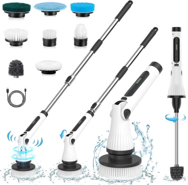 Electric Spin Scrubber, Cordless Shower Scrubber with 8 Replaceable Brush Heads, 2 Adjustable Speeds and 3 Extension Handle, 90Mins Work Time Shower Cleaning Brush for Bathroom Floor Tile Tub - Image 2