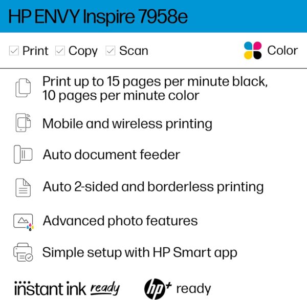 HP ENVY Inspire 7958e Wireless Color Inkjet Printer, Print, scan, copy, Easy setup, Mobile printing, Best for home, Instant Ink with HP+ - Image 10