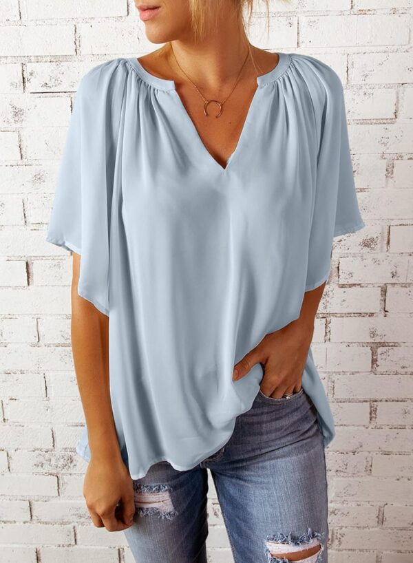 Dokotoo Womens Chiffon Blouses Casual Solid Bell Sleeve Shirt Loose V Neck Pleated Tunic Tops - Image 4