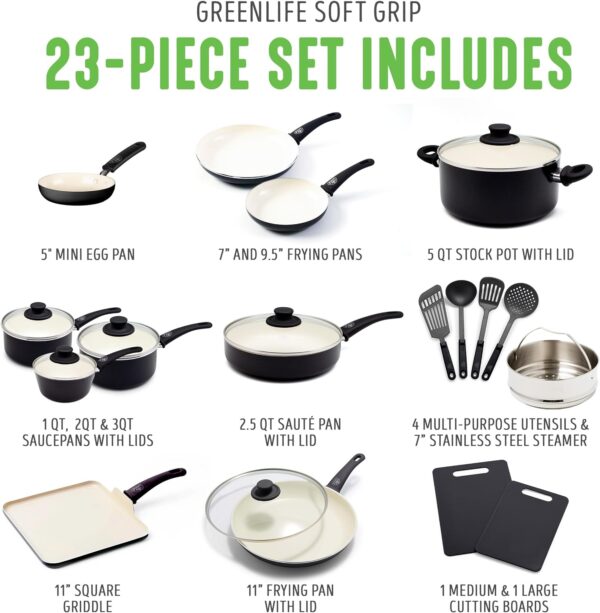 GreenLife Soft Grip Healthy Ceramic Nonstick 23 Piece Kitchen Cookware Pots and Frying Sauce Saute Pans Set with Kitchen Utensils, PFAS-Free, Dishwasher Safe, Black - Image 4