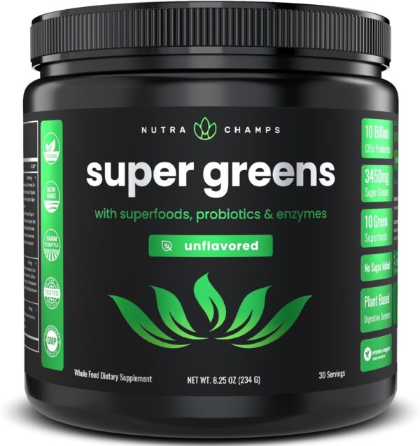 NutraChamps Super Greens Powder Premium Superfood | 20+ Organic Green Veggie Whole Foods | Alfalfa, Spirulina, Chlorella & More | Antioxidant, Digestive Enzyme & Probiotic Blends | Unflavored - Image 2