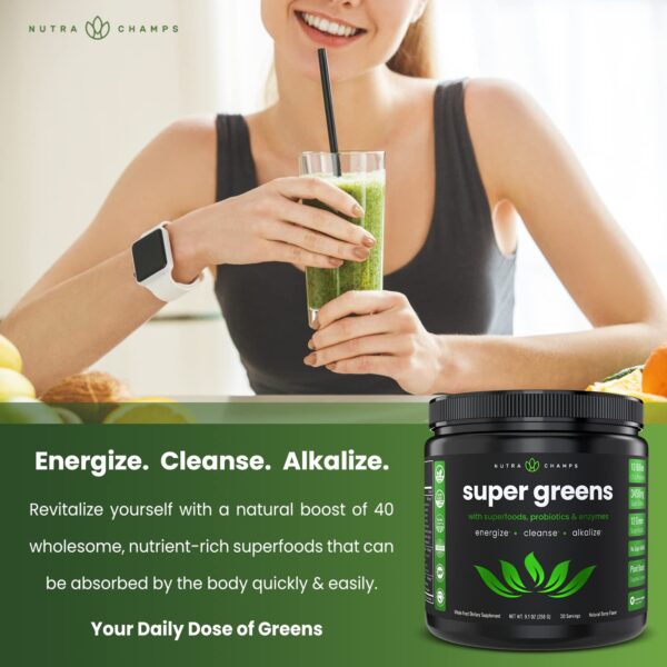 NutraChamps Super Greens Powder Premium Superfood | 20+ Organic Green Veggie Whole Foods | Wheat Grass, Spirulina, Chlorella & More | Antioxidant, Digestive Enzyme & Probiotic Blends - Image 6