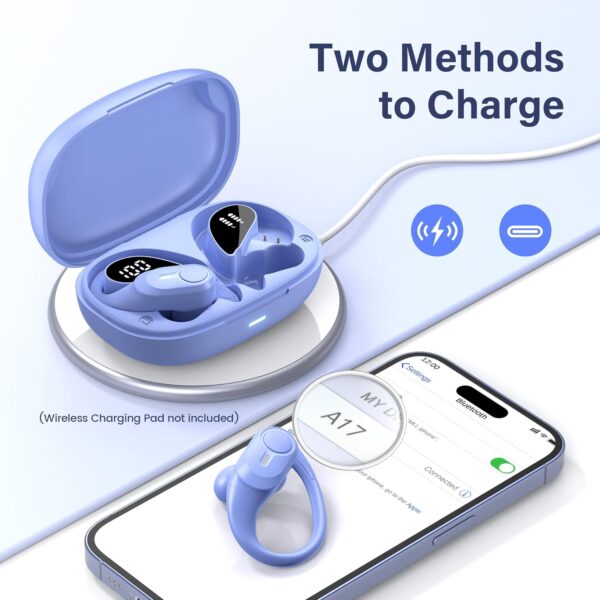 Wireless Earbuds Bluetooth Headphones 70hrs Playback Ear Buds IPX7 Waterproof Wireless Charging Case & Power Display Over-Ear Stereo Bass Earphones with Earhooks for Sports/Workout/Running Purple - Image 5