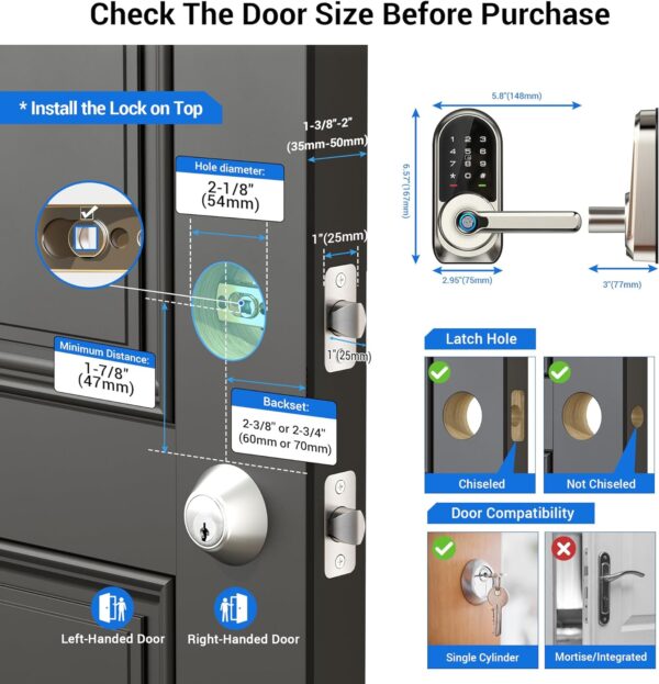 Veise Smart Lock, Keyless Entry Door Lock with Handle, APP Control Fingerprint Door Lock, 7-in-1 Smart Locks for Front Door, Electronic Digital Lock with Keypad, Front Door Lock Set, Satin Nickel - Image 7