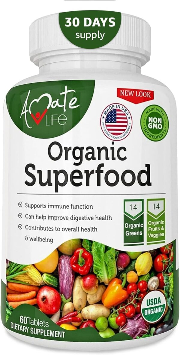 Organic Superfood Greens Fruits and Veggies Complex - Best Dietary Supplement with 14 Greens and 14 Fruits & Vegetables with Alfalfa Rich in Antioxidants Organic Ingredients Non-GMO 60 Tablets - Image 9