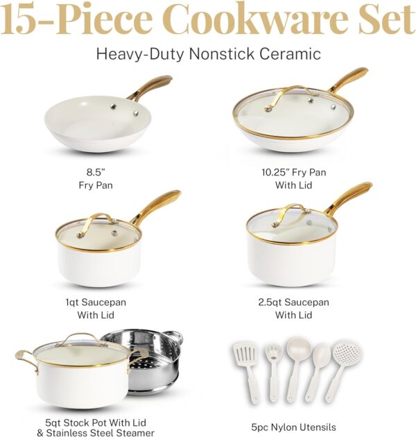 Gotham Steel 15 Pc Ceramic Pots and Pans Set Non Stick, Kitchen Cookware Sets, Pot and Pan Set, Ceramic Cookware Set, Non Toxic Cookware Set, Non Stick Pots and Pan Set Dishwasher Safe, Cream White - Image 3