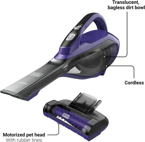 BLACK+DECKER dustbuster AdvancedClean Pet Cordless Handheld Vacuum with Motorized Head, Purple (HLVA325JP07) - Image 3