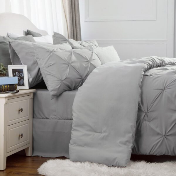 Bedsure Queen Comforter Set - 7 Pieces Comforters Queen Size Grey, Pintuck Bedding Sets Queen for All Season, Bed in a Bag with Flat Sheet and Fitted Sheet, Pillowcases & Shams - Image 9