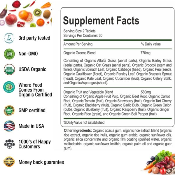 Organic Superfood Greens Fruits and Veggies Complex - Best Dietary Supplement with 14 Greens and 14 Fruits & Vegetables with Alfalfa Rich in Antioxidants Organic Ingredients Non-GMO 60 Tablets - Image 6