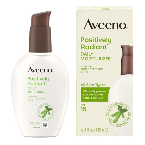 Aveeno Positively Radiant Daily Facial Moisturizer with Broad Spectrum SPF 15 Sunscreen & Soy, Improves the Look of Skin Tone & Texture, Hypoallergenic, Oil-Free, Non-Comedogenic, 4 fl. oz - Image 2