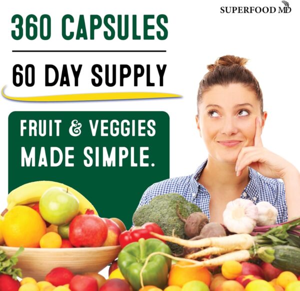 Superfood Fruit and Veggie Supplement - 360 Whole Super Fruit and Vegetable Supplements & Vitamin, Natural Energy Levels, Soy Free, Vegan Capsules - 180 Count (Pack of 2) - Image 7