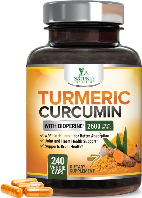 Turmeric Curcumin Supplement with BioPerine 95% Curcuminoids 2600mg with Black Pepper for Best Absorption, Bottled in USA, Best Natural Vegan Joint Support, Nature's Tumeric Capsules - 240 Capsules - Image 2