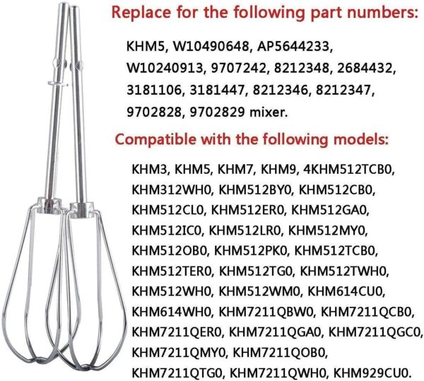 KHMPW & W10490648 Beaters for Hand Mixer by Wadoy Stainless Steel Pro Whisk Turbo Beaters, Cream, Making Mousse or Meringue, Shakes, Egg, Replace AP5644233, PS4082859, KHM2B, KHM512BM - Image 5